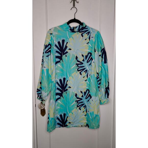 Sail to Sable Mock Neck Dress Long Sleeve Shift Palm Print Midi Sz 8 - Picture 4 of 9